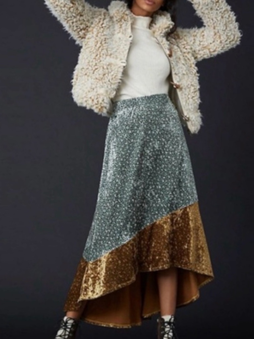 Two-Tone Velvet High-Low Skirt in Sage Green and Gold